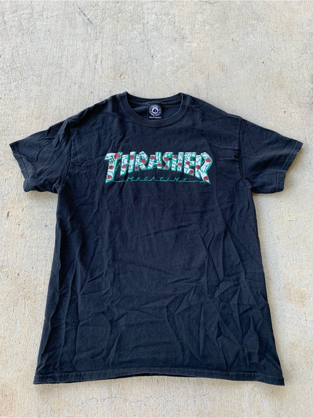 Thrasher Black Tee with Green & Red Floral Logo